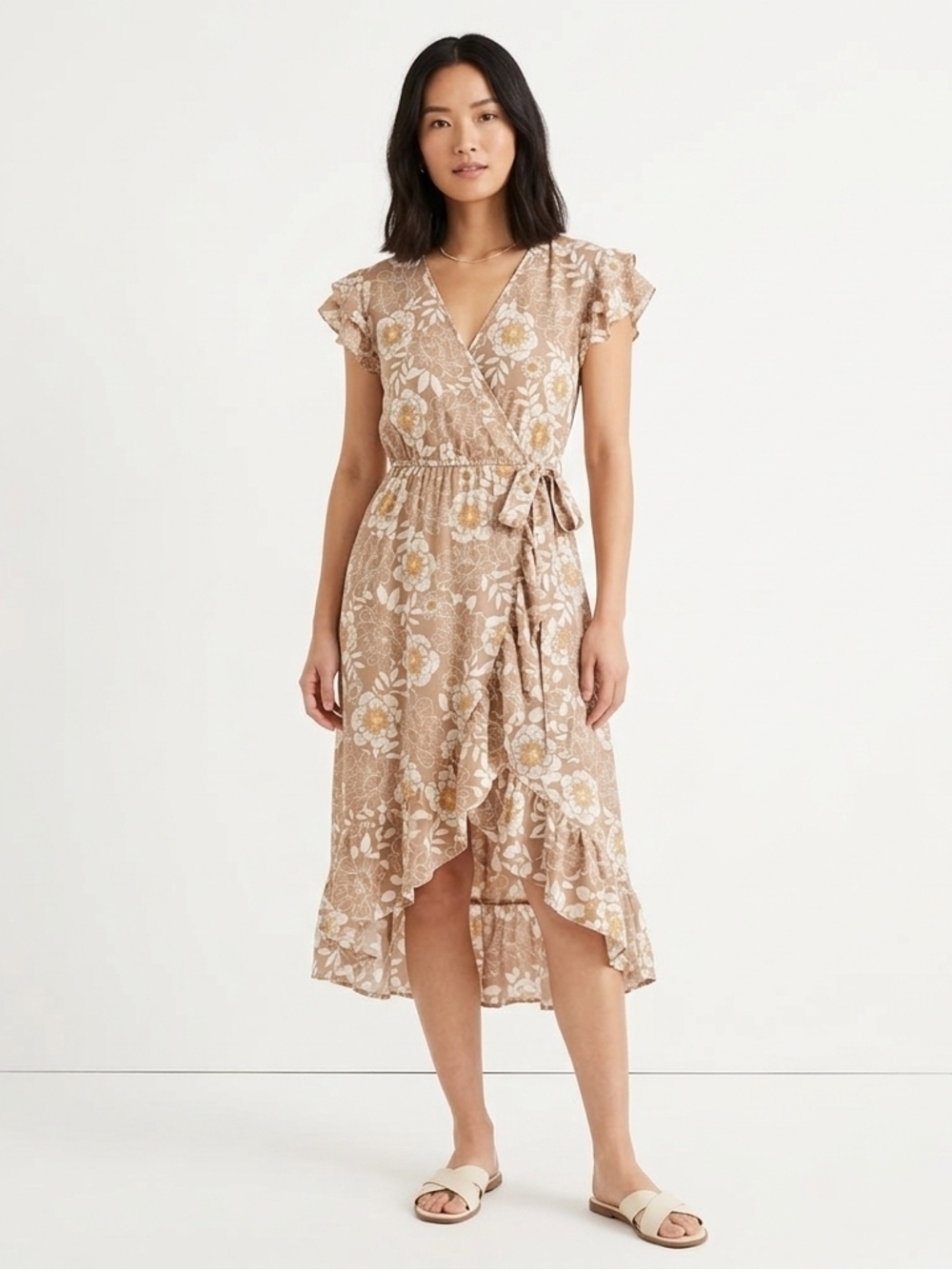 Sienna Sky Floral Ruffle Faux Wrap Midi Dress XS Tan Boho Flutter Sleeve  Tie